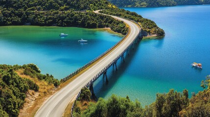 Naklejka premium Scenic Aerial View of Curved Coastal Road with Turquoise Waters
