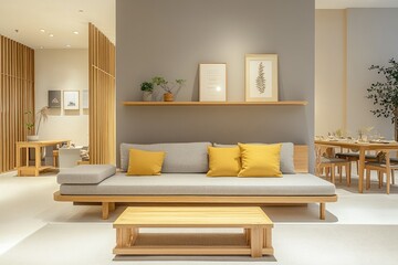 Modern minimalist living room with grey sofa, wooden furniture, and yellow cushions.
