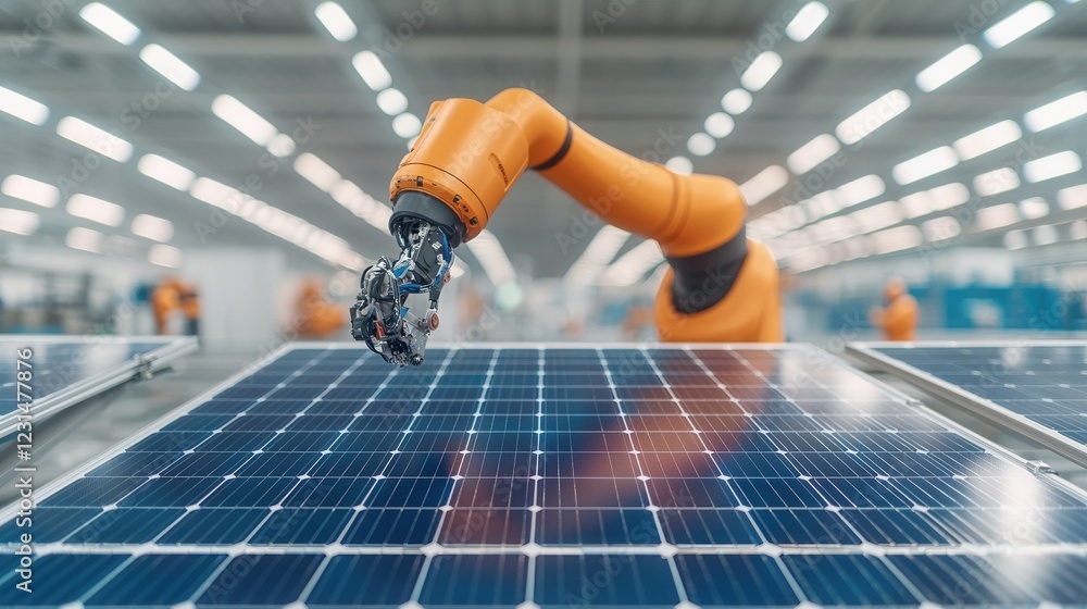 Poster a robotic arm efficiently assembling solar panels in a modern factory setting, showcasing the integr
