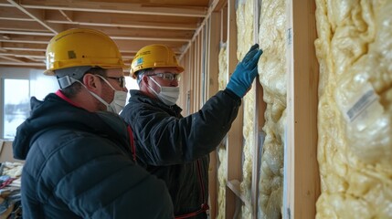 Supervisors ensuring proper insulation is installed to meet energy efficiency requirements.