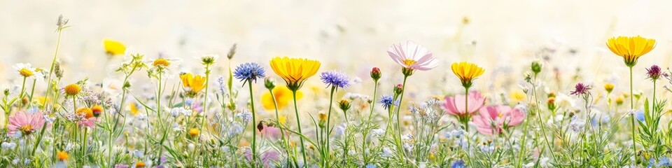 Fototapeta premium Summer Wildflower Meadow, Full of Color and Backlit with Warm Sunny Light, Banner Image