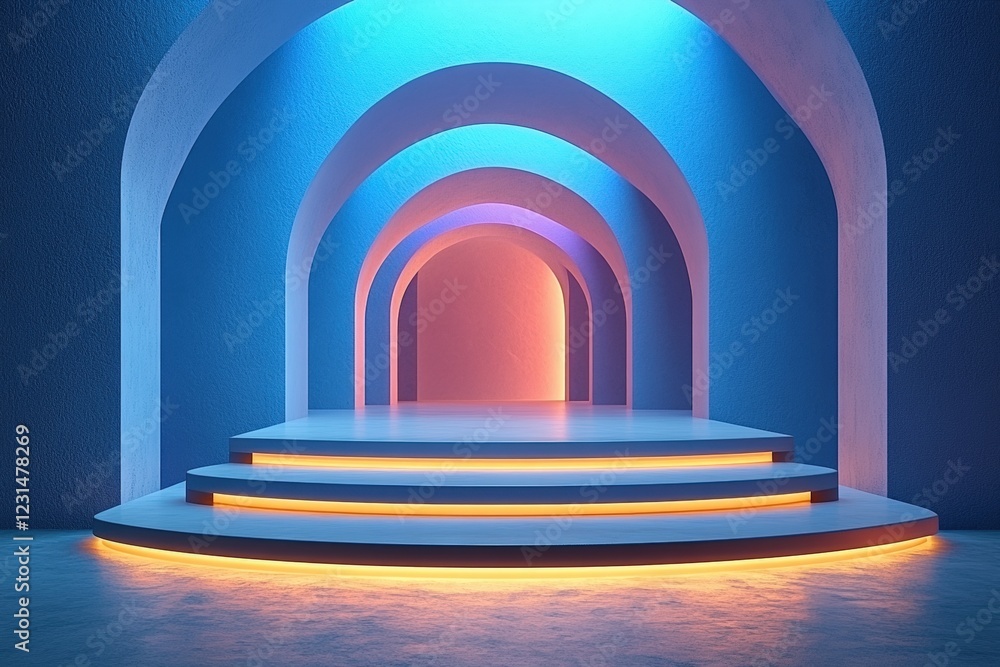 Poster white and blue tunnel structure with light reflections and abstract design elements