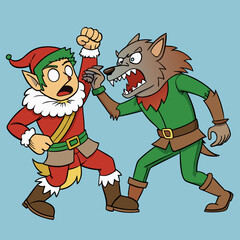 Epic Fighting Scene Between Elf and Werewolf Vector Illustration

