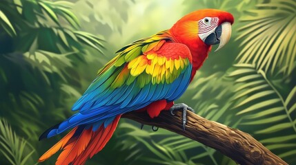 Fototapeta premium Scarlet Macaw in Tropical Paradise: A vibrant Scarlet Macaw perches majestically on a branch, its plumage a dazzling array of red, yellow, blue, and green against a lush backdrop of tropical foliage.