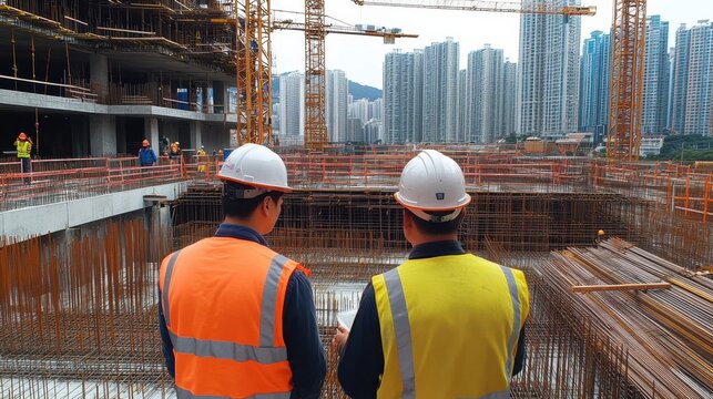 Supervisors using AI-powered software to optimize material allocation at a construction site.