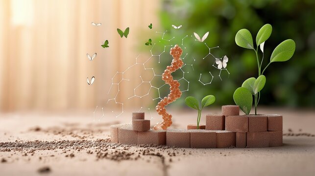 Innovative Biotech Concept with DNA Structure, Green Plants, and Butterflies in a Calm Natural Setting