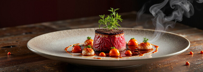 Elegant culinary display of salo on oak table, gourmet artistry