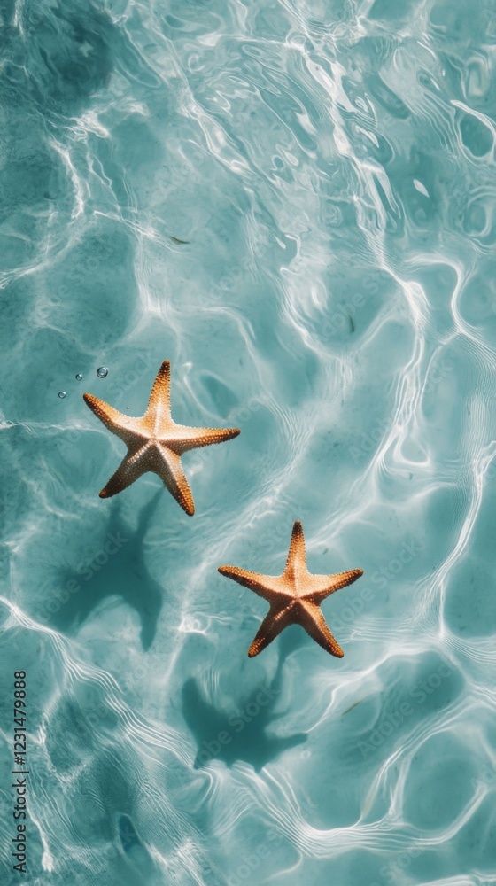 Poster lying peacefully on the sandy bottom, two starfish bask in the sunlight as soft ripples of blue wate
