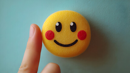 Yellow smiley face emoji, round plastic toy, rosy cheeks, black eyes, curved smile, playful retro style, nostalgic joy, macro shot