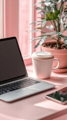 A picture of a laptop placed on a desk at home, a comfortable work corner in pastel pink tones.