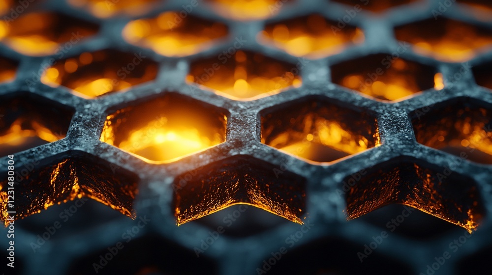 Poster glowing hexagonal metal grid, abstract background.