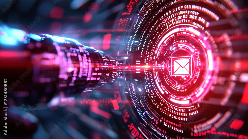 Poster futuristic data stream converging on email symbol abstract digital communication artwork