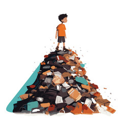 a child is among a dirty mountain of rubbish