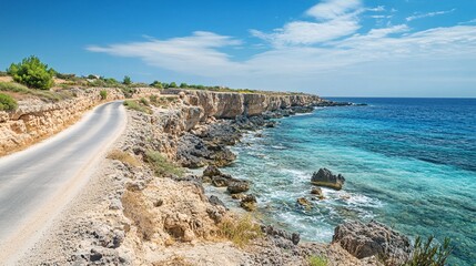 Obraz premium Scenic Coastal Road Beside Clear Blue Water and Rocky Shoreline