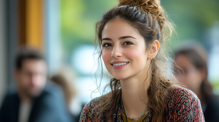 Young woman with warm smile, dark wavy hair in messy bun, natural makeup, red knit sweater, friendly portrait, vibrant colors, cinematic look, shallow depth of field