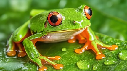 Red-Eyed Tree Frog on Leaf: A vibrant red-eyed tree frog perches on a lush green leaf, its bright orange feet and striking red eyes captivating. Water droplets add a touch of freshness.