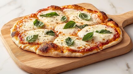 Mouthwatering Margherita Pizza with Fresh Basil Leaves on Wooden Cutting Board