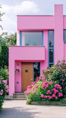 A stunning pink modern house stands proudly with a warm wooden door. Vibrant flowers surround the entrance, creating a cheerful atmosphere on a sunny day, inviting admiration from passersby
