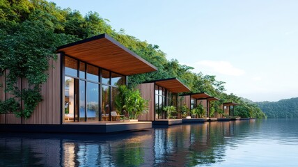 Obraz premium Eco-friendly floating homes featuring innovative passive cooling systems for sustainable living on water.