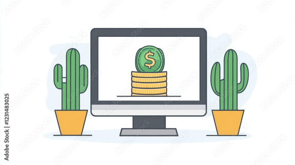Aufkleber digital growth dollar coin growing in a pot displayed on a computer screen