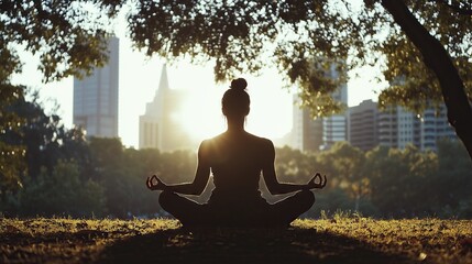A silhouette of and individual meditating in the park