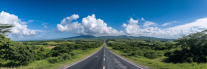 Scenic Roadway Through Lush Green Hills Under Bright Blue Sky