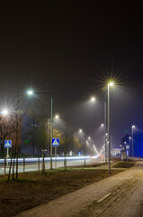 Illuminated street lamps in foggy urban evening scene. Quiet street, foggy ambiance, low-angle shot, distant perspective, city outskirts, urban concept showcasing lighting and stillness.