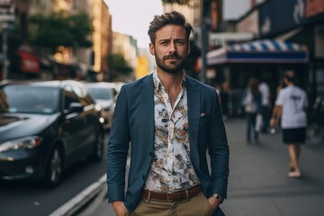 Fototapeta premium A man in a blue jacket and floral shirt stands on a city street