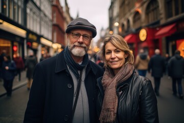 A man and a woman are posing for a picture on a busy street