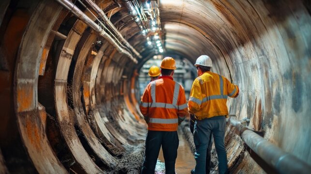 Technicians and engineers inspecting underground drainage systems at a factory site.