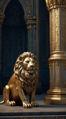 A majestic 3D metallic coat of arms featuring a golden lion against a rich blue background. This regal emblem symbolizes strength, nobility, and heritage with intricate detailing.