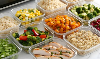 Feel Prep contains healthy foods such as fried chicken, brown rice, and microwave in glass containers, Generative AI