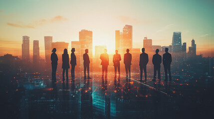 Abstract business team stands on the peak of success amid tall, innovative Smart city and graphs with statistics to analyze business potential and predict future developments in company growth.