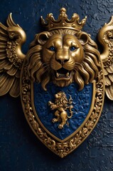 A stunning 3D golden coat of arms featuring a noble lion, set against a rich blue background. This regal emblem symbolizes power, prestige, and heritage with intricate metallic detailing.