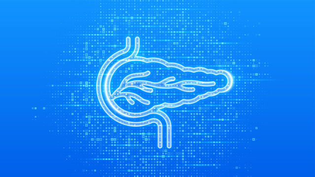 Pancreas icon. Pancreas health, care and protection. Treatment of pancreatic diseases, acute and chronic pancreatitis. Blue medical background made with cross shape symbol. Vector illustration.