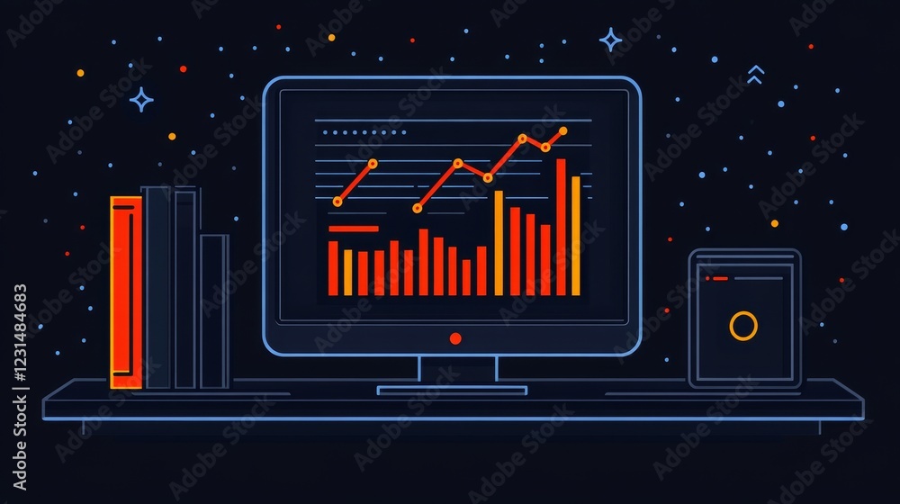 Poster ascending data trends displayed on a computer screen with books