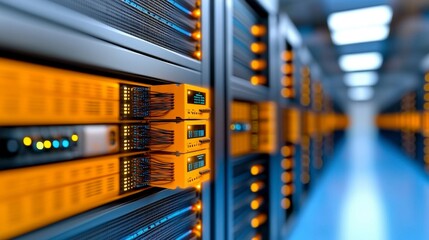 High-Tech Data Center with Brightly Lit Server Racks and High-Performance Networking Equipment