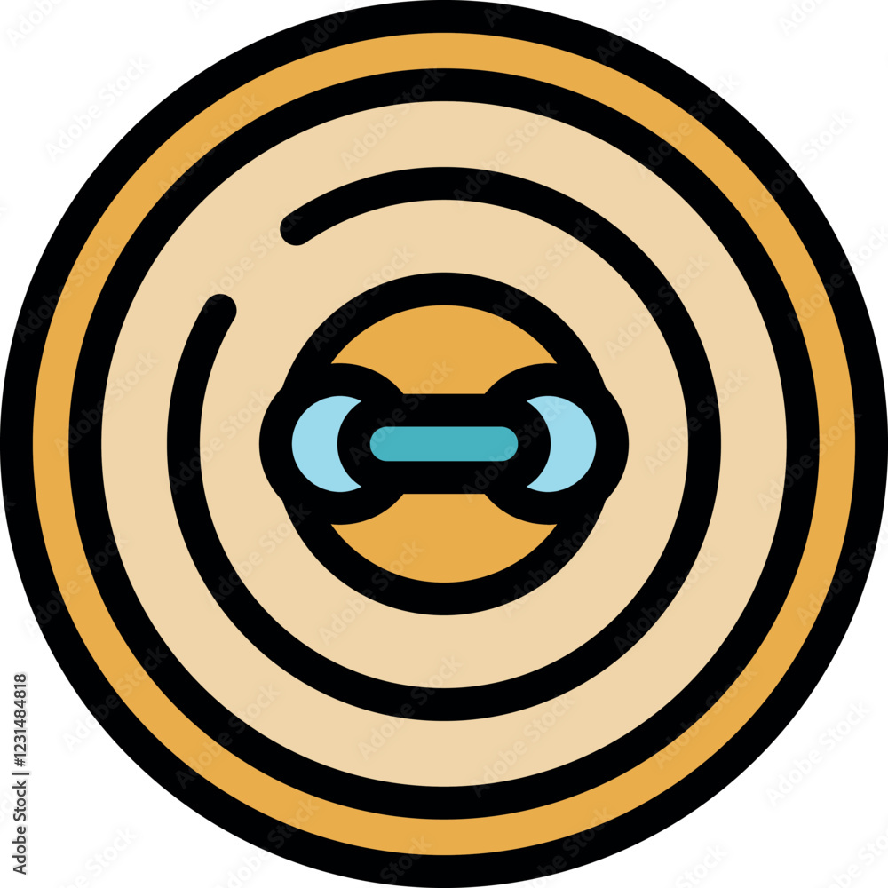 Poster futuristic circular device emits concentric waves, featuring a central sensor with two semicircular 