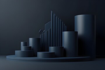 Modern dark blue podium for product showcase. Cylinder shapes pedestal. Generative AI