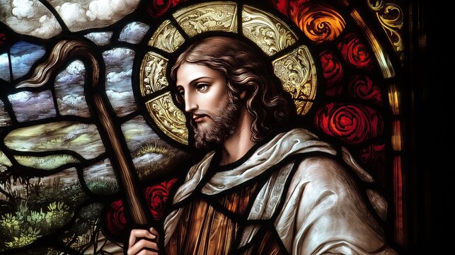 Detail of Jesus the good shepherd from a selection of religious stained glass