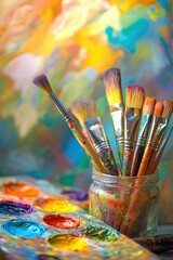 Fototapeta premium Art supplies, paintbrushes in a jar and vibrant watercolor palette on a colorful background showcasing creativity and artistic expression in painting.