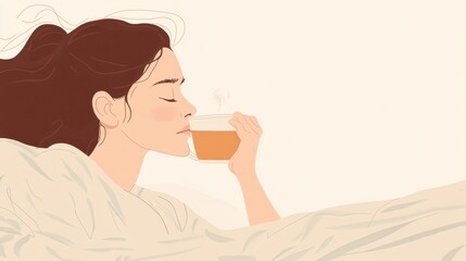 Woman in bed, struggling with a sore throat, drinking warm tea for relief.