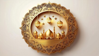 Elegant Ramadan Kareem Background with Lanterns, Crescent Moon, and Floral Patterns in Gold and Blue