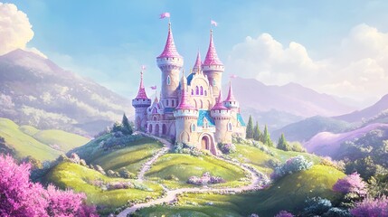Colorful artwork of an imaginative fairytale castle surrounded by rolling hills, vivid pastel tones and dreamy vibe