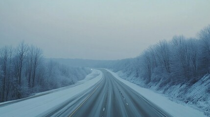 Tranquil Winter Road Surrounded by Snowy Forest Landscape