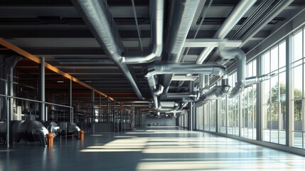 Workers and engineers discussing ventilation system placement in an industrial building.