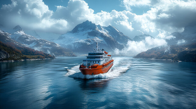 Majestic mountains frame a serene lake with an orange speedboat, cinematic landscape, epic, misty, photorealistic scene