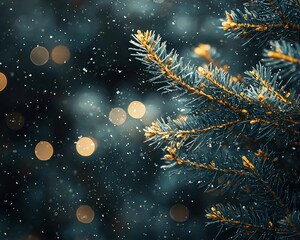 Snowy pine branch with bokeh lights.