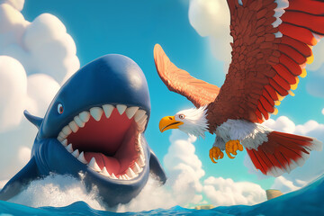 Cartoon whale and eagle soar above ocean under blue sky