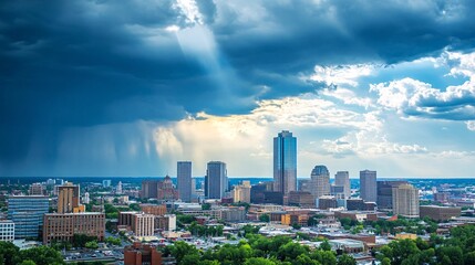 Naklejka premium Dramatic Urban Skyline Under Dark Stormy Clouds and Sunlight Rays